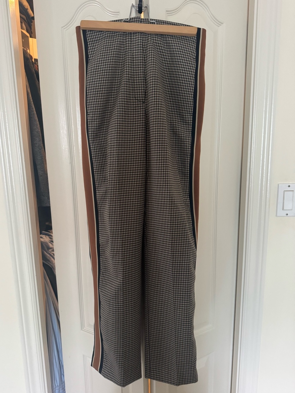 Sandro Houndstooth Dress Pants with Brown and Black Side Stripes